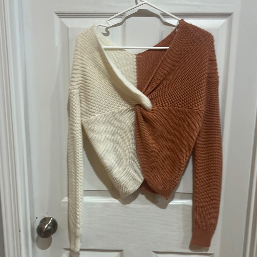 No Boundaries Cream and Brown Off-the-Shoulder Sweater